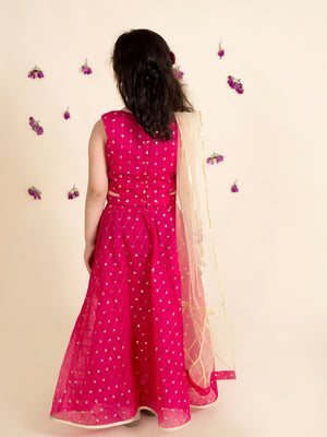 Magenta and gold-toned embellished lehenga with cut out choli and dupatta