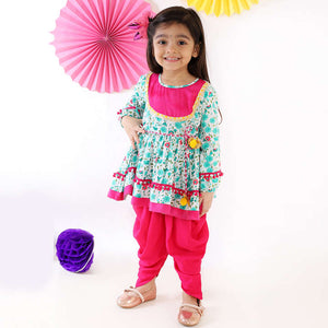 Pink And Blue Full Sleeves Floral Print Dhoti And Kurta Set