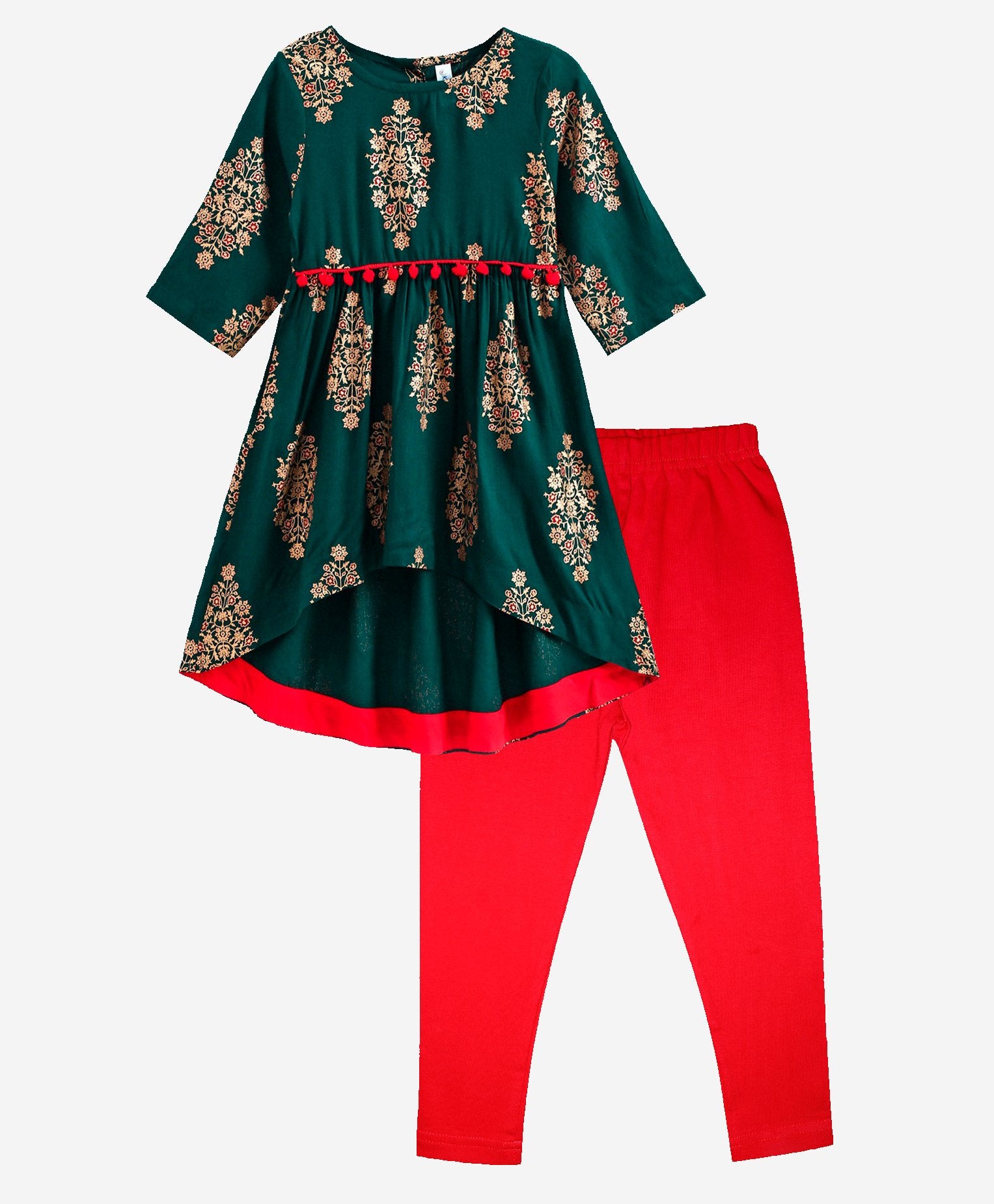 Green and Red - Three Fourth Sleeves Floral Motif Ethnic Kurta With Leggings
