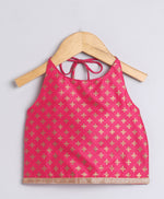 Fuchsia Pink and Peach - Foil Print Halter Neck Top & Net Layered Tiered Tassled Skirt