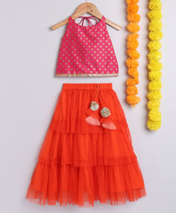 Fuchsia Pink and Peach - Foil Print Halter Neck Top & Net Layered Tiered Tassled Skirt