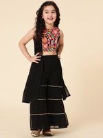 Girls Black Floral Printed Top with Sharara & With Dupatta