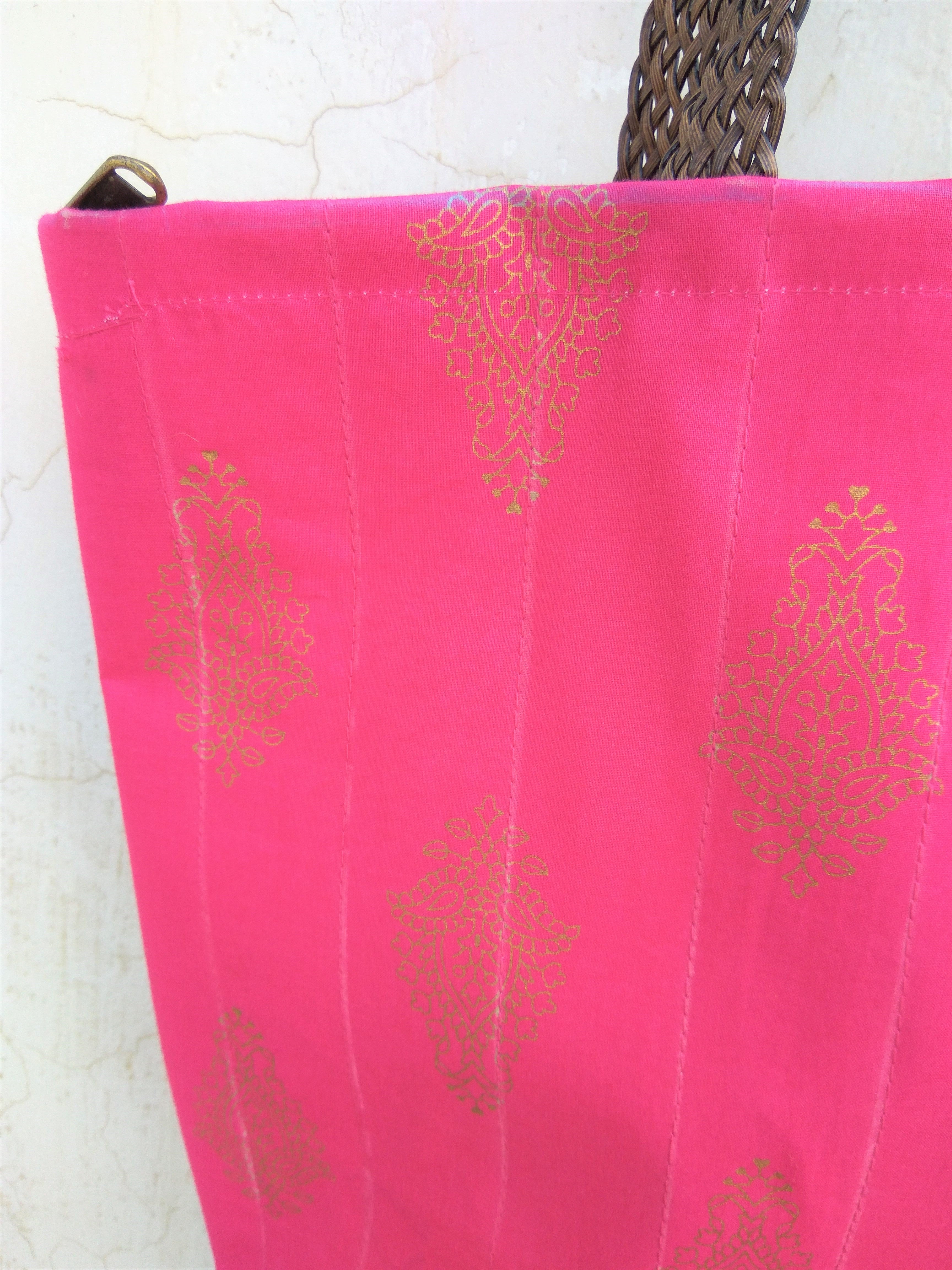 Handmade waterproof Colorful Fabric Indian unique tote handbag travelbag laptop bag traveltote pink pinkgold golden block print pinkbag printed summer colors pop of color ethnic