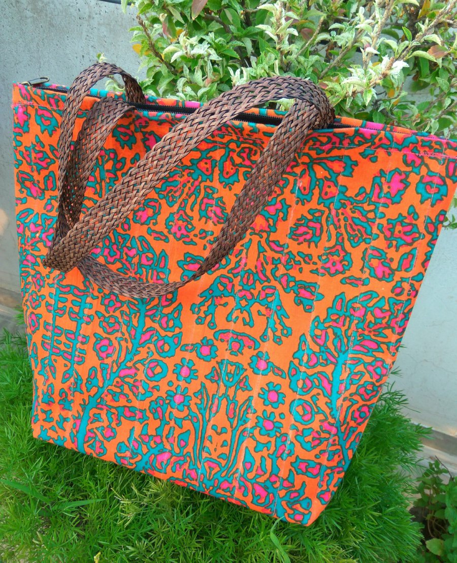 Handmade waterproof Colorful Fabric Indian unique tote handbag travelbag laptop bag traveltote orange orangebag orangetote printed orchids summer colors pop of color ethnic