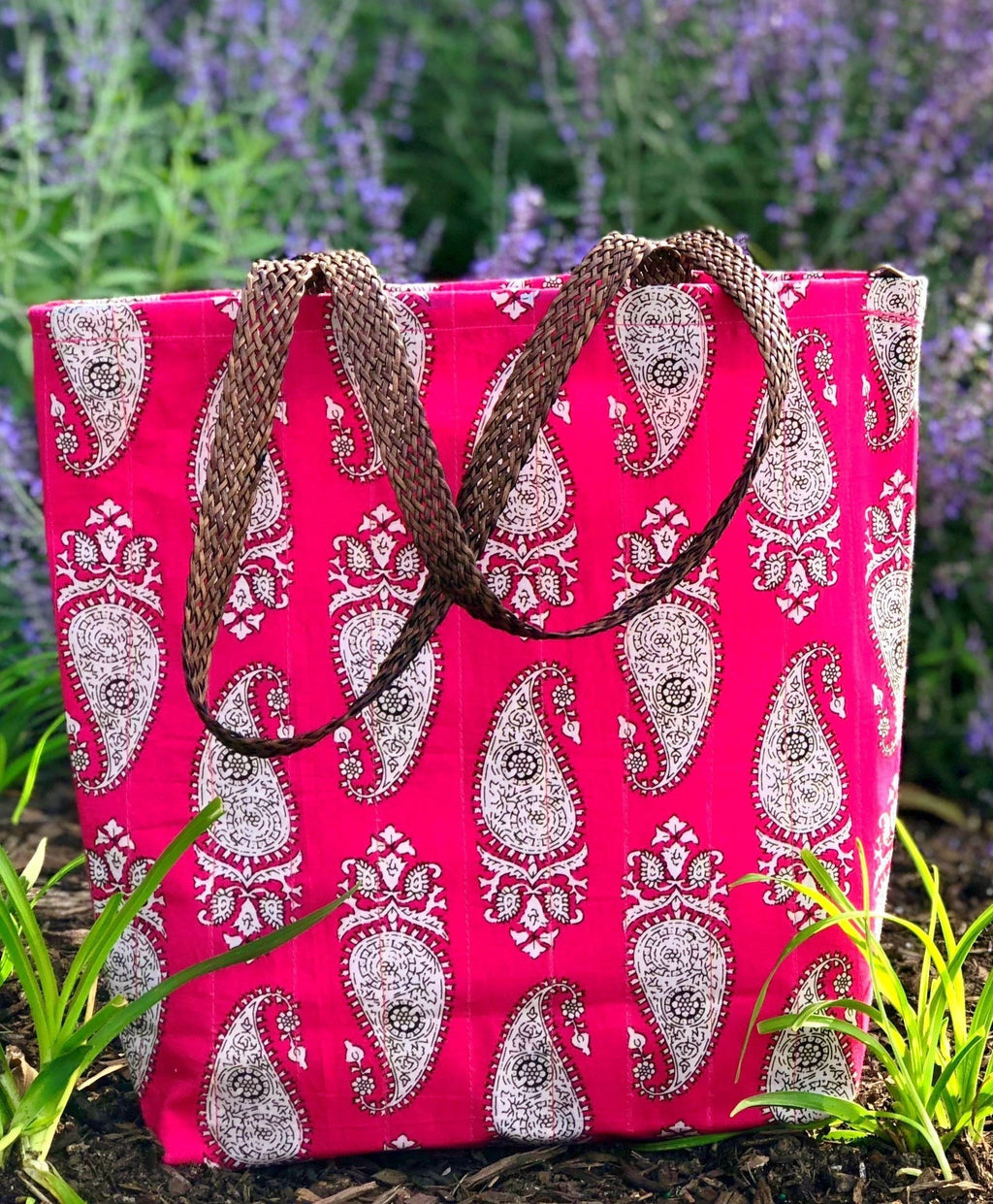 Handmade waterproof Colorful Fabric Indian unique tote handbag travelbag laptop bag traveltote pink paisely golden block print pinkbag printed summer colors pop of color ethnic
