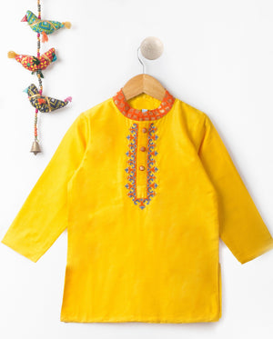 Yellow Hand Embroidery Silk Kurta Set