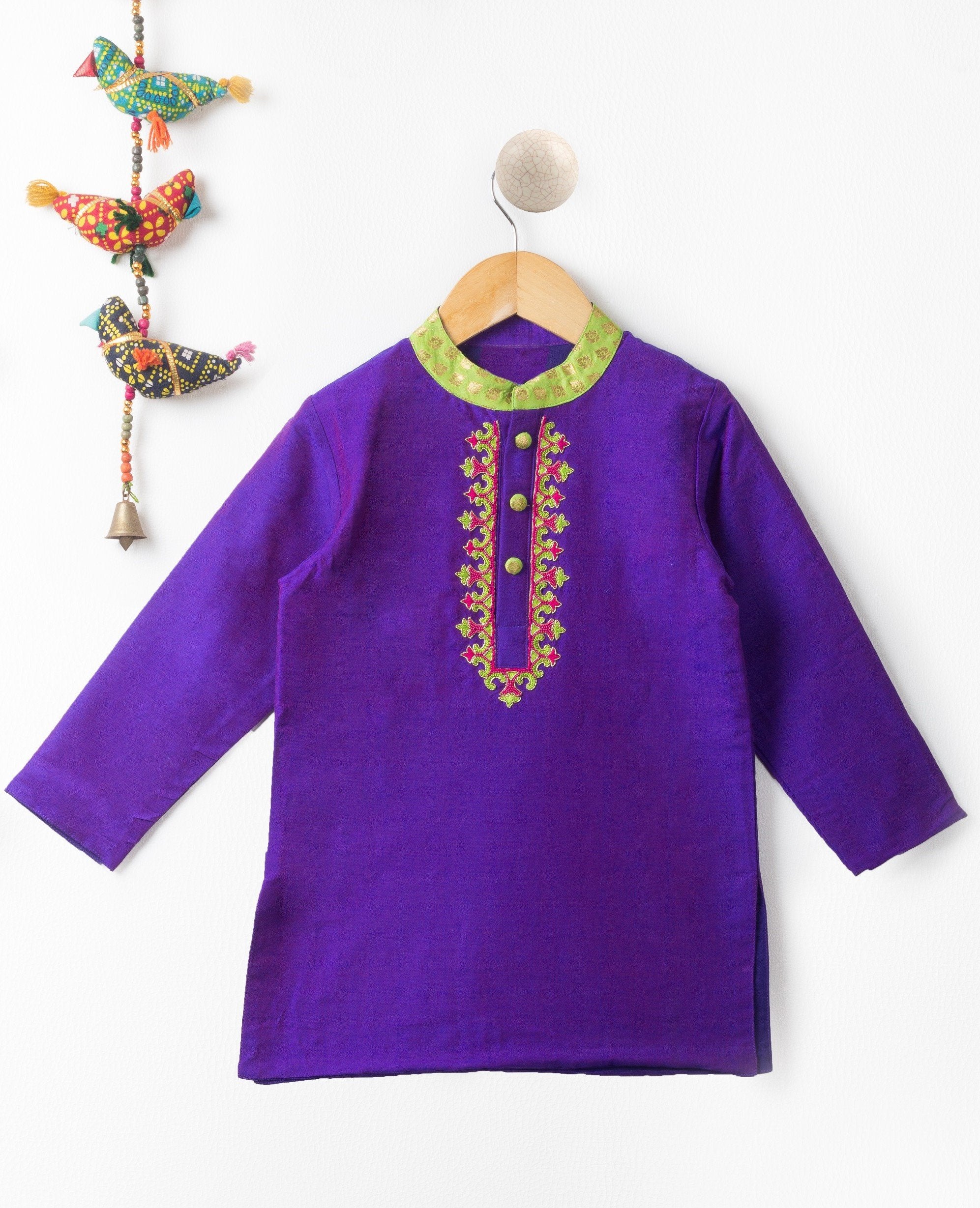 Purple Hand Embroidery Silk Kurta Set